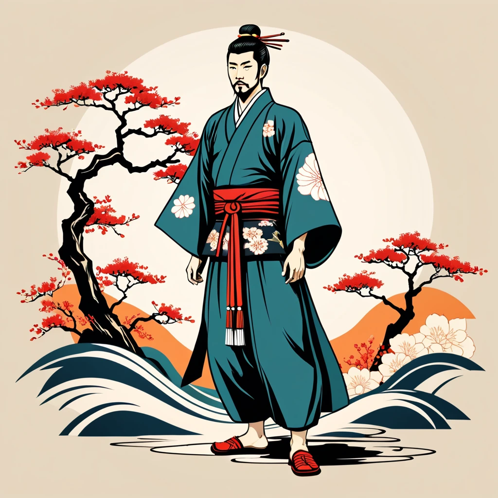 man in japanese folk outfit, vector graphics, strong contours
