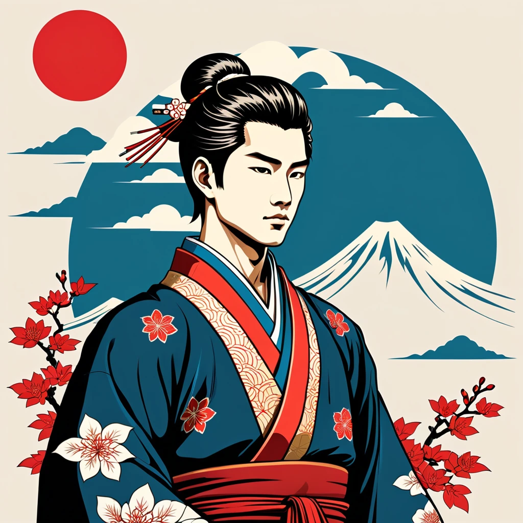 man in japanese folk outfit, vector graphics, strong contours
