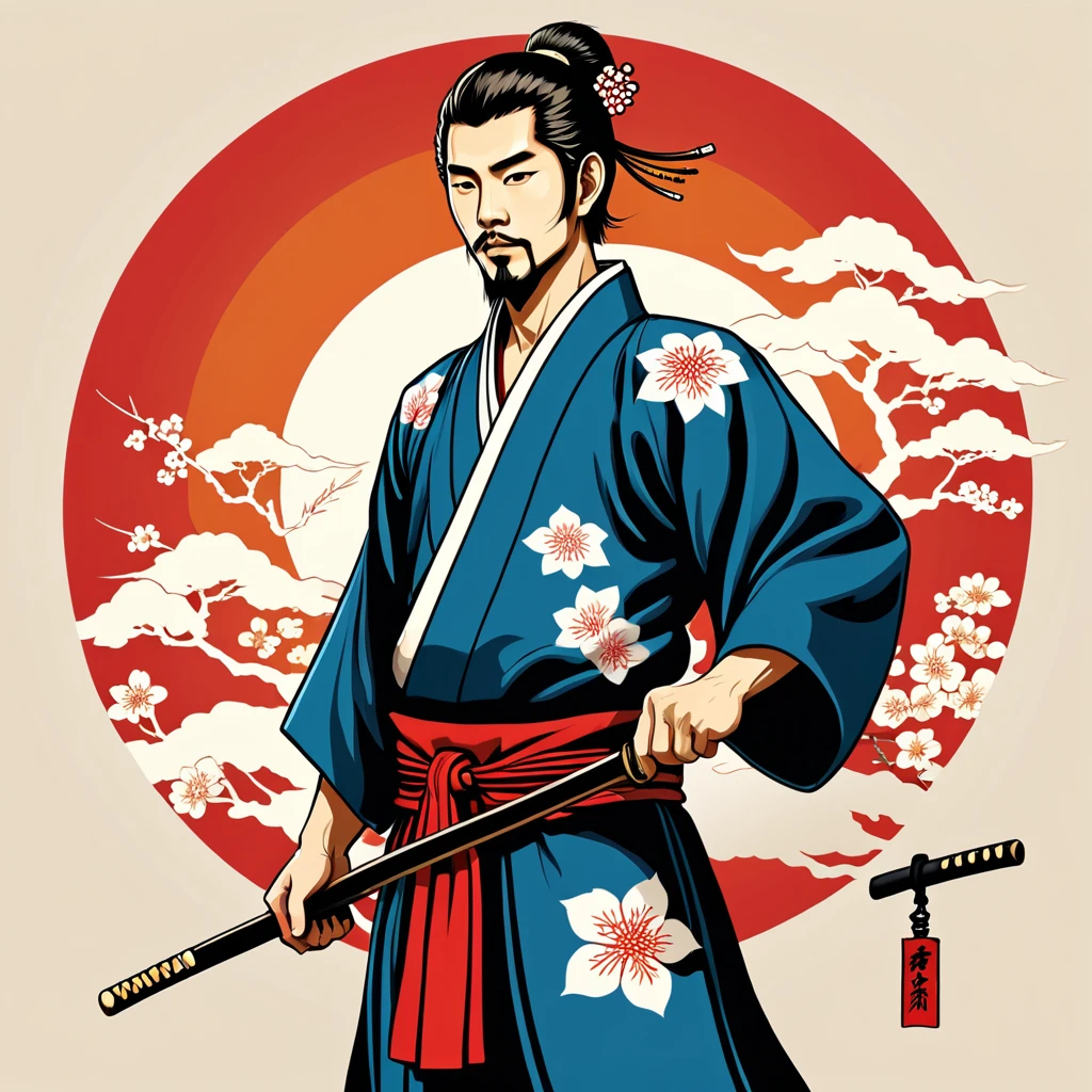 man in japanese folk outfit, vector graphics, strong contours