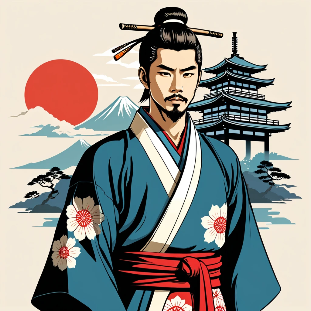 man in japanese folk outfit, vector graphics, strong contours