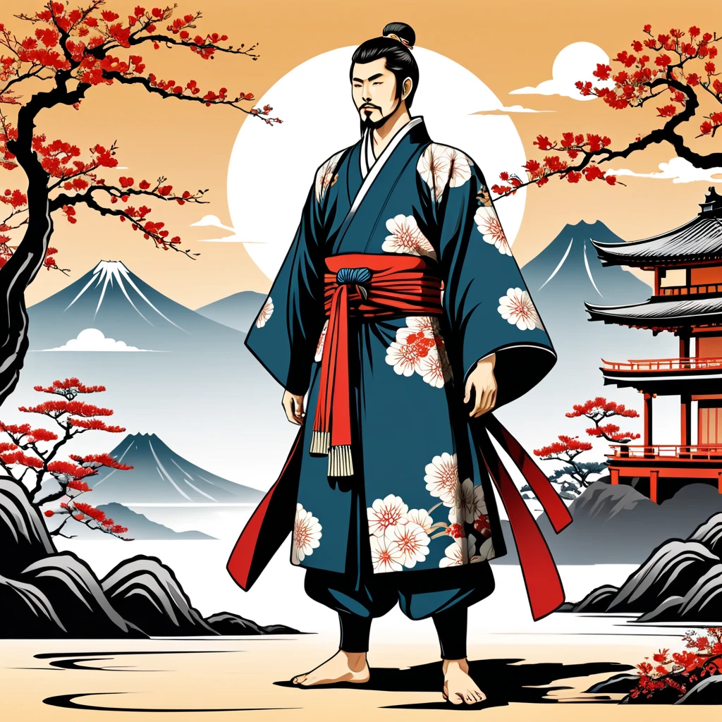 man in japanese folk outfit, vector graphics, strong contours

