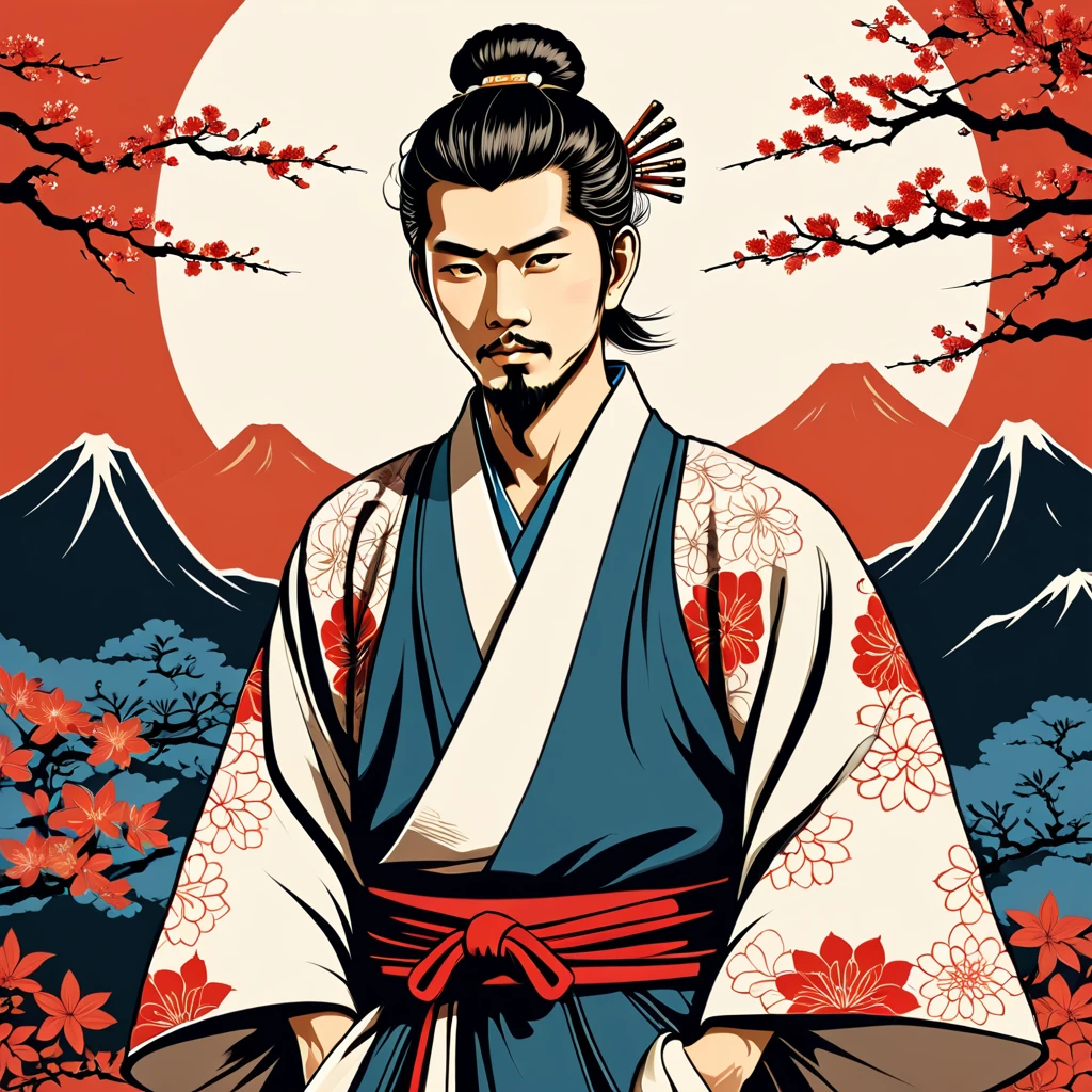 man in japanese folk outfit, vector graphics, strong contours
