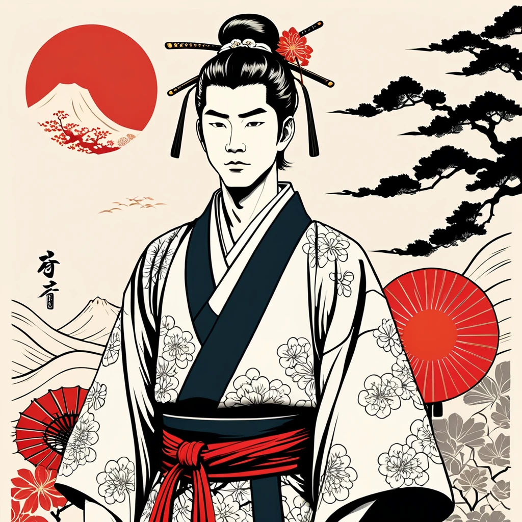 man in japanese folk outfit, vector graphics, strong contours