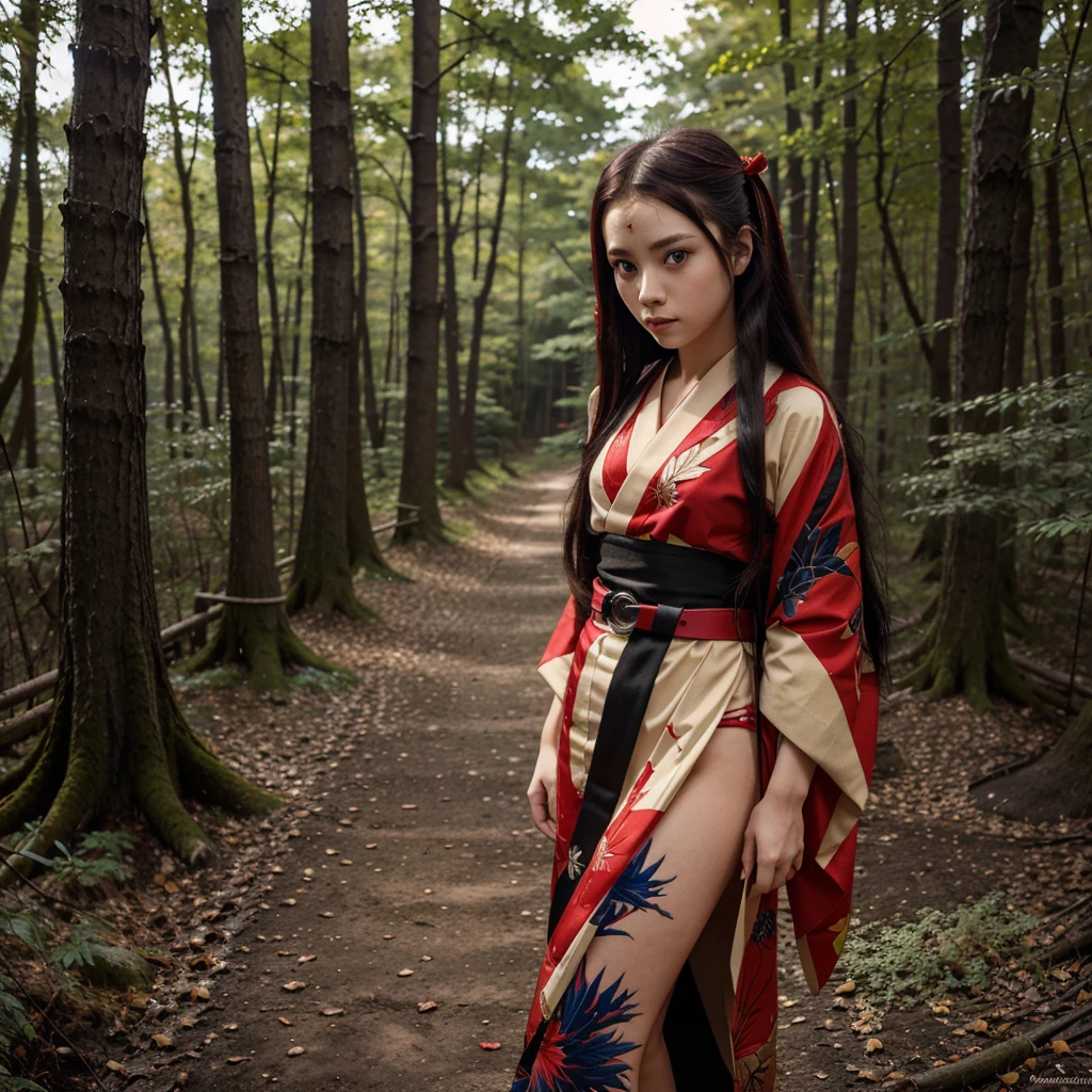 Kimetsu no Yaiba style, 1girl, unique, Red eyes, Red poetry, Extra long hair, red kimono, Obi belt, ((Masterpiece)), ((Personal photos a)), The forest is on fire, The forest is on fire