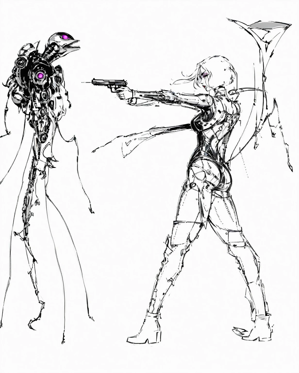 sketches of a monster and woman with a gun in their hands, complex shading and wire details, fashion illustration, aeon flux style, concept piece
