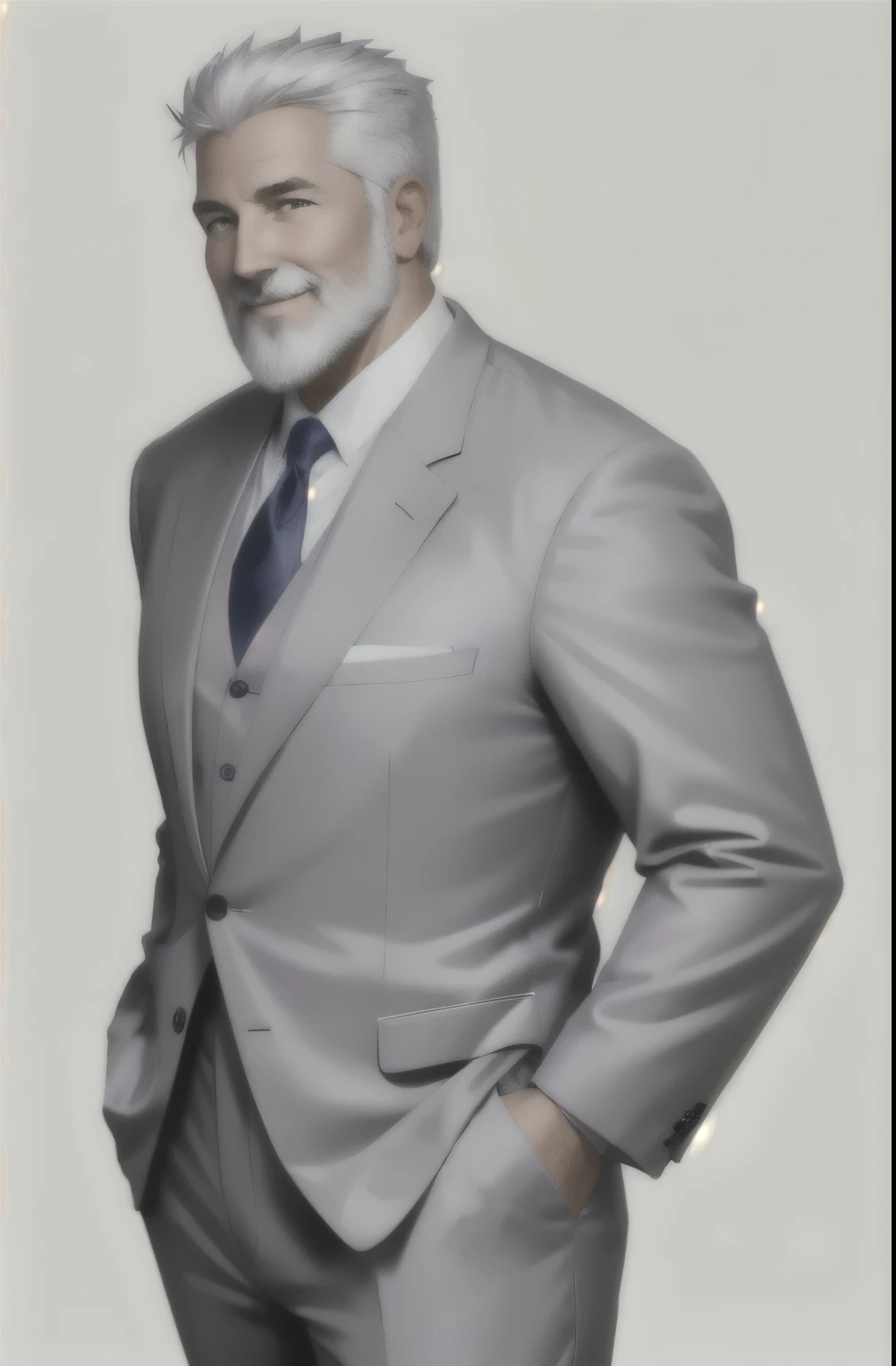 1 person full length, side view, I look at the viewer, hands in pockets, detailed face, gray beard, White hair, short haircut, I look at the viewer, smile, purple official suit, dark blue tie, White background