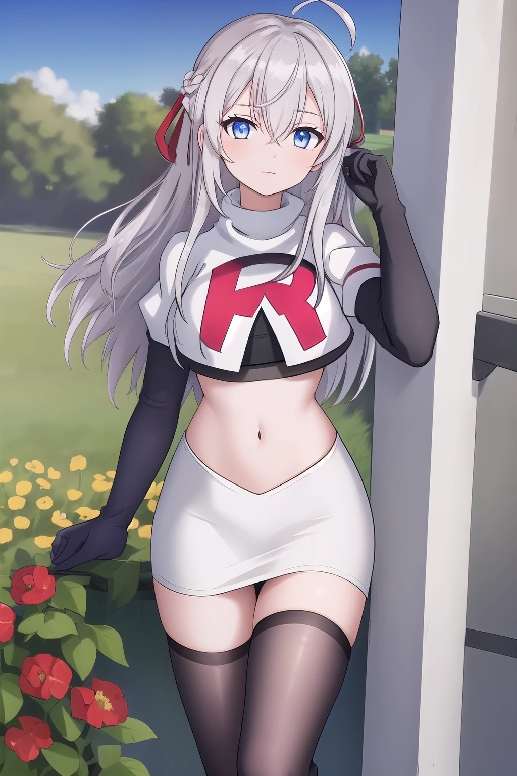 alisa,1girl,solo,long_hair,looking_at_viewer,bangs,blue_eyes,hair_between_eyes,hair_ribbon,ahoge,grey_hair,team rocket,team rocket uniform,white skirt,red letter R,crop top,black thigh-highs,black elbow gloves,flower_field