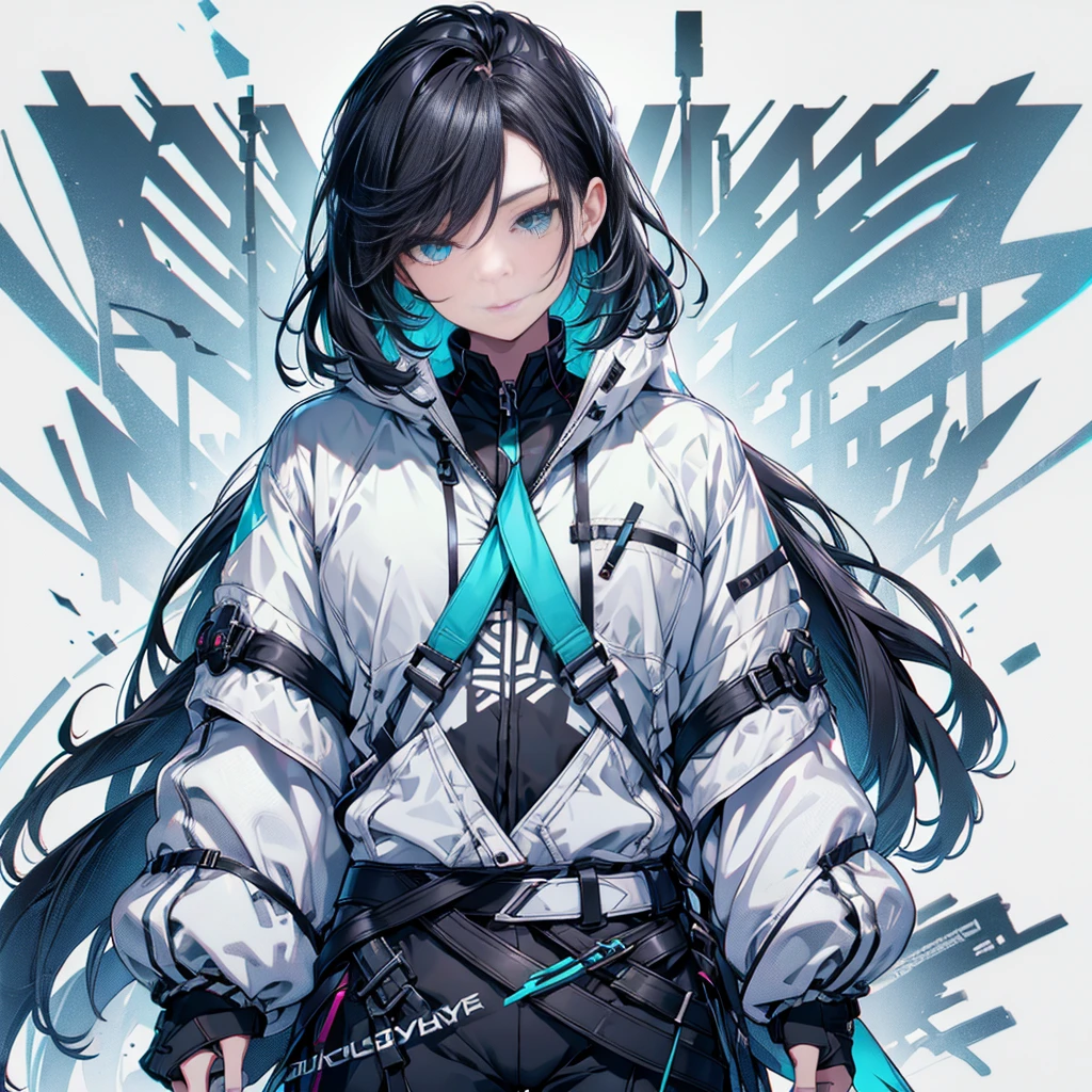 (Tabletop:1.2, Highest quality),  [One Girl, Expressionless, Turquoise Eyes, Black Hair, Half Shortcut,White jacket,The jacket comes off, ,Upper Body]  (Gray white background:1.2),