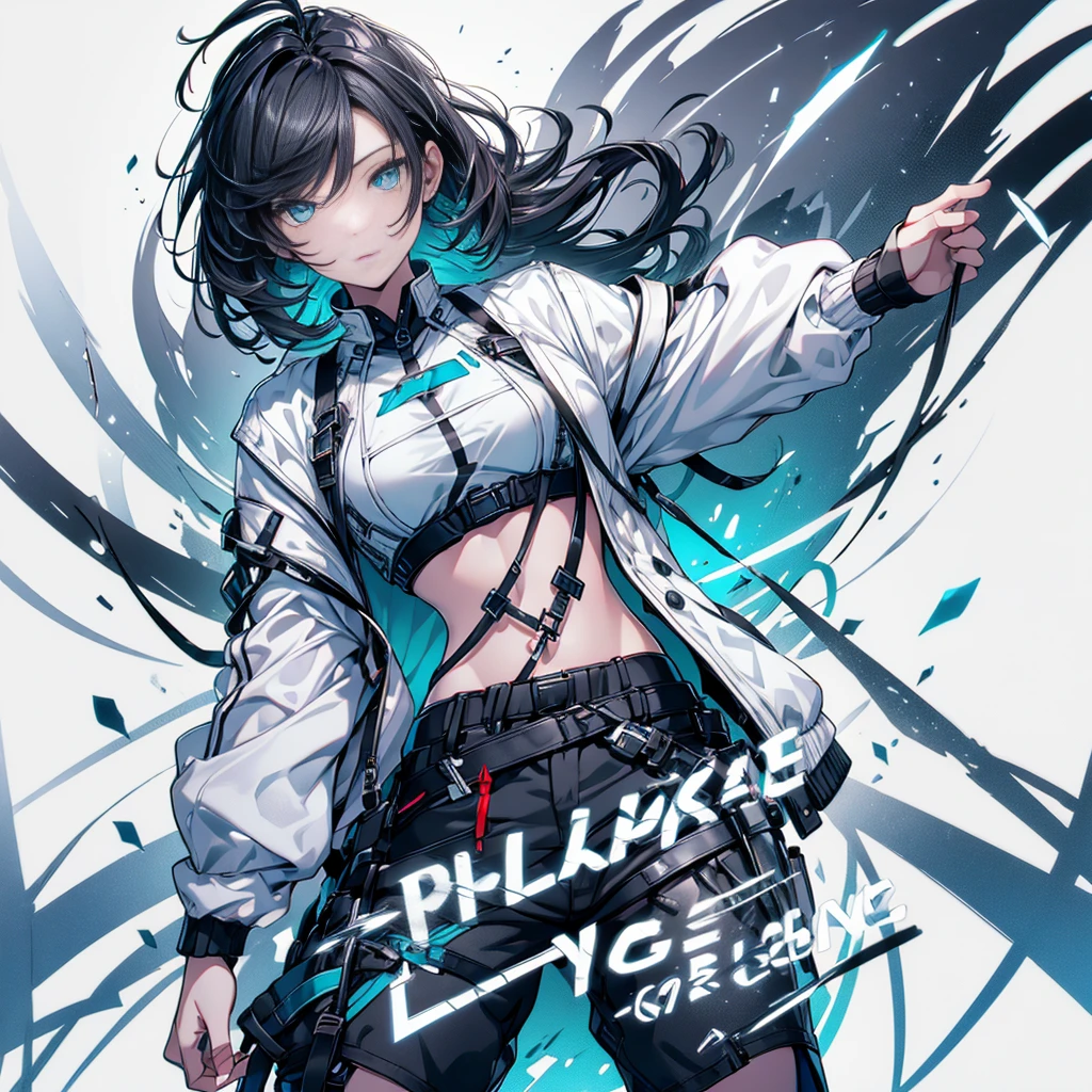 (Tabletop:1.2, Highest quality),  [One Girl, Expressionless, Turquoise Eyes, Black Hair, Half Shortcut,White jacket,The jacket comes off, ,Upper Body]  (Gray white background:1.2),