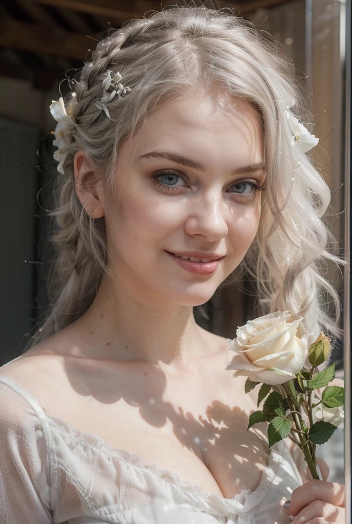 (((ultra realistic))) Photo, masterpiece, top quality, pale skin, (Ultra detailed face and eyes:1.2), 1 girl, she has a cute smile, ((beautiful smile, smiling)) , full white hair, gloomy atmosphere, flowers garden background, (Eye makeup, mascara) , ((full white wavy hair)) , ((Stylish hairstyle)) , {Gigantic|Big|Huge|Mega} breasts, silly huge breasts, [[Slim waist, slender body]] . ((Posing)) , (body curves), In Lifchik, photoshoot, studio (Contour lighting), (The play of light and shadows), depth of field, bokeh, (special attention to skin detail: 1.2), Detailed transparent texture, skin pores, ((Soft lighting and warm atmosphere frame. color scheme - white, Gray, Ashen, Tons)), (Film grain, VHS effect), (shine) , ((rays)) , ((portrait, close to the camera)) , ultra detailed, she has a cute smile, she held a white rose in her hand