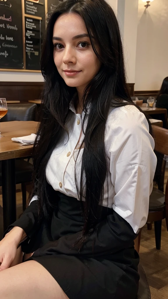 British lady with long black hair sitting at the restaurant in London 