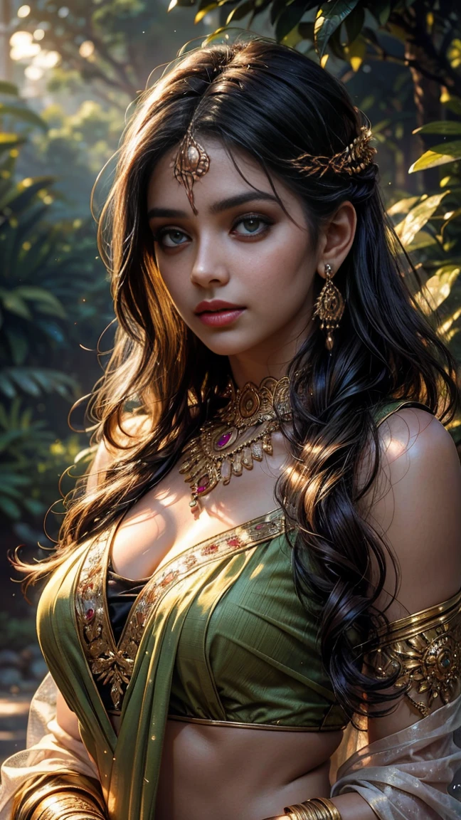 a beautiful young indian girl wearing a half saree, detailed facial features, busty, warm lighting, photorealistic, extremely detailed, 8k, highly detailed portrait, intricate clothing, glowing skin, detailed eyes, detailed lips, delicate jewelry, flowing hair, natural setting, lush greenery, sunlit background, ambient lighting, cinematic composition