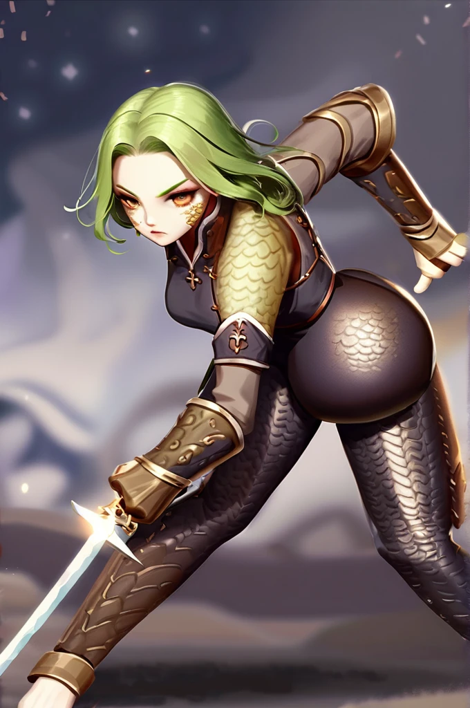 masterpiece, best quality, 1girl, detailed face, full body, lizardman girl, green hair, long hair, yellow eyes, big tits, (Armor: 1) , holding sword, green tail, green horns, (big hair in the wind)