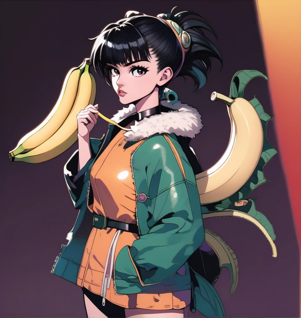 a drawing of a woman with a banana in her hand, saiyan girl, toriyama akira, akira toriyama style, female goku, anime style, inspired by Akira Toriyama, dragon ball character, akiri toriyama, anime style character, dragon ball style, nico robin, girl of the zodiac knights, fubuki, bulma from dragon ball