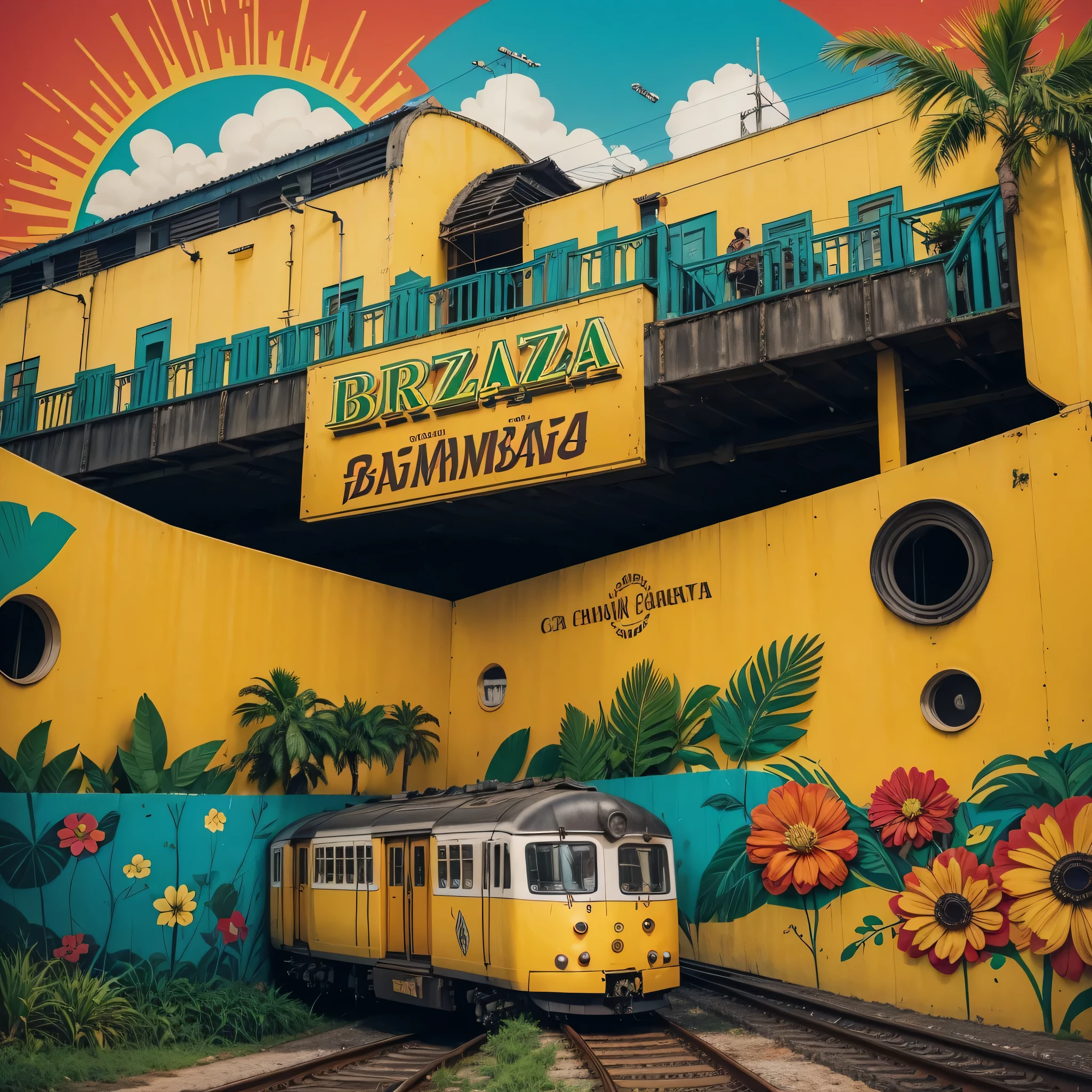 Create a cover for a music project called "Brazil Train". The theme of the project is migration between different musical styles, como samba, cryin, Jazz and Bossa Nova, similar to a train passing through several stations. The cover should reflect this diversity and movement. O grupo é composto por guitar, bass guitar, drumkit, clarinet and voice.
**Elements to include:**
- A stylized train in motion, with wagons representing each musical style (samba, cryin, Jazz and Bossa Nova).
- Instrument illustrations (guitar, bass guitar, drumkit, clarinet and voice) integrated into the train design.
-Title "Brazil Train" in an elegant, vintage font.
- A vibrant, tropical color palette, representing Brazil and the diversity of rhythms.
- Illustrated and vibrant style, similar to a modern music event poster.
**artwork style:**
- Vibrant and colorful - Illustrated, with a modern artistic touch - Vintage and tropical influences
**Visual inspiration:**
- Cartazes de eventos musicais brasileiros
- Arte de capas de álbuns clássicos de samba e Bossa Nova
- Ilustrações que capturam o espírito de viagem e movimento de um trem