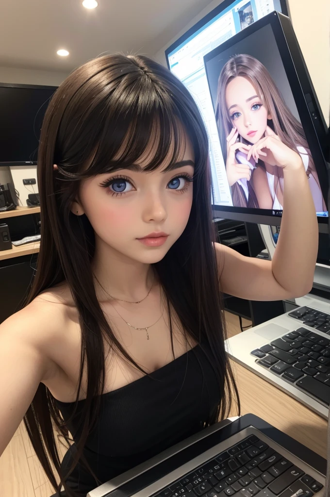 Brunette doll using the computer