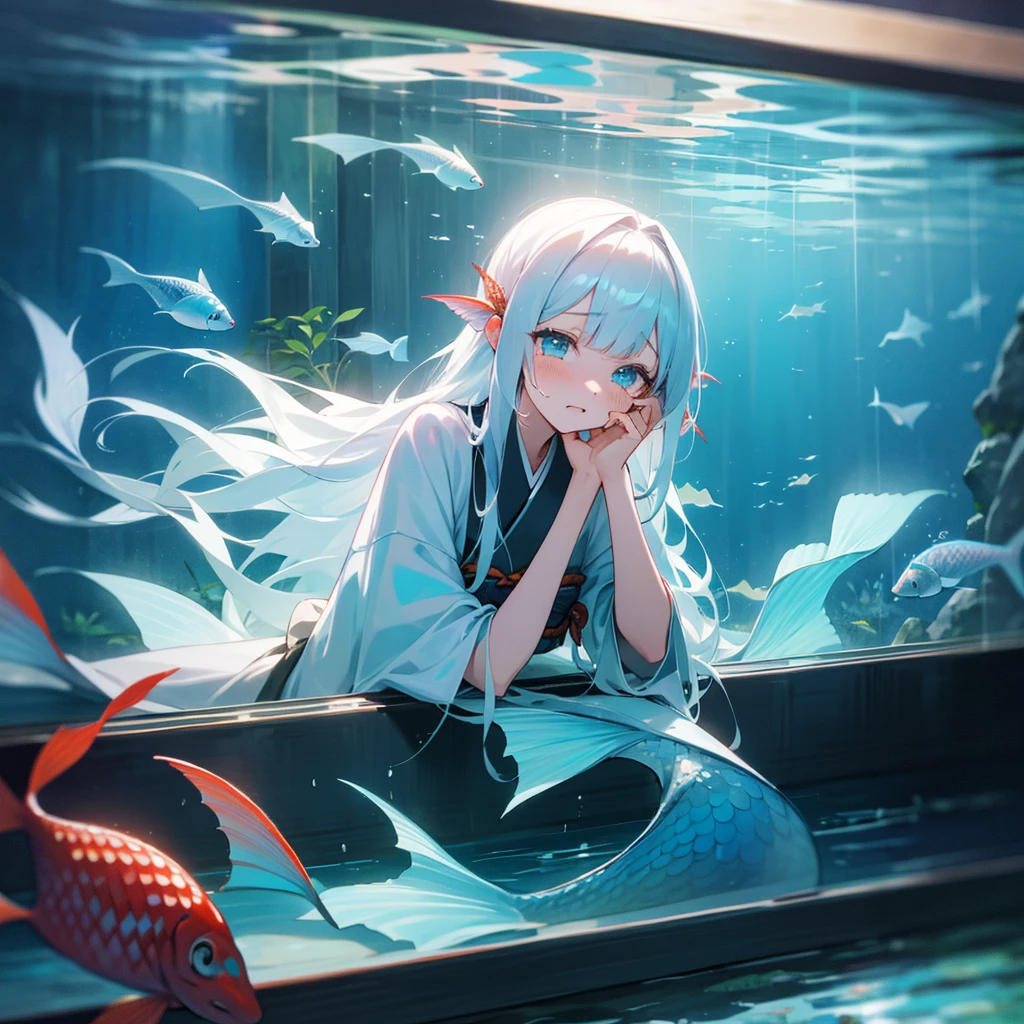 Long white hair,1girl,Mermaid,kimono,handcuffs,trapped in fishtanks,crying face,girls looking at mermaid ,out side of fish tank,