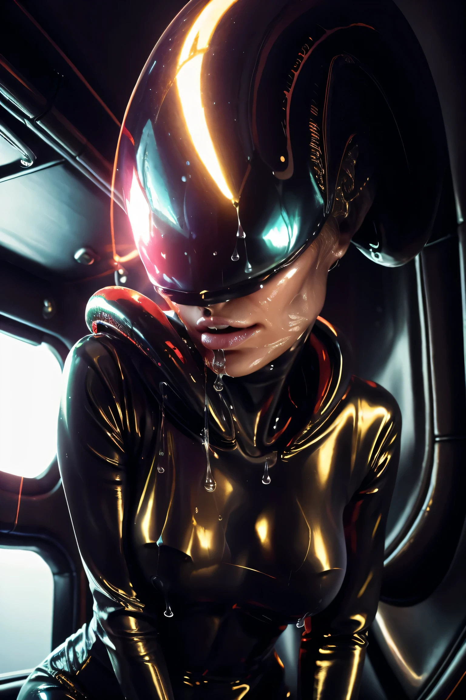 (8K, Ultra-high resolution, Top quality masterpiece, Professional detailed wallpapers, The ultimate attention to detail, Anime Images, Game CG),The perfect human body、Realistic and detailed,Nose and mouth are visible,Eyes are hidden by a mask,(((Dripping Sweat、Oilskin,Glowing Skin、Realistic skin texture、Beautiful skin in every detail、Shiny skin、Shiny skin))) big , burst, There is in the chest, Huge breasts perfect anatomy body parts, Very perfect,(Full Shot: 1.8),Beautiful alien woman、 Black latex oil shiny full bodysuit、 Alien tentacle tail,Inside the spaceship,cockpit,((Beaut Caucasian alien face close up))Angelina Jolie,