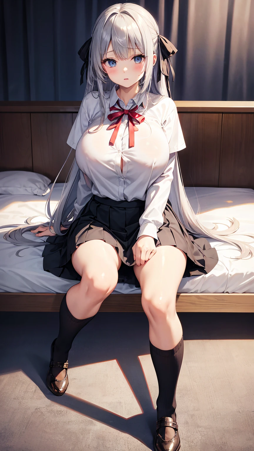 Adult Beauty、Long silver hair、Huge Tits、shirt、ribbon、mini skirt、Knee-high socks、Absolute area、