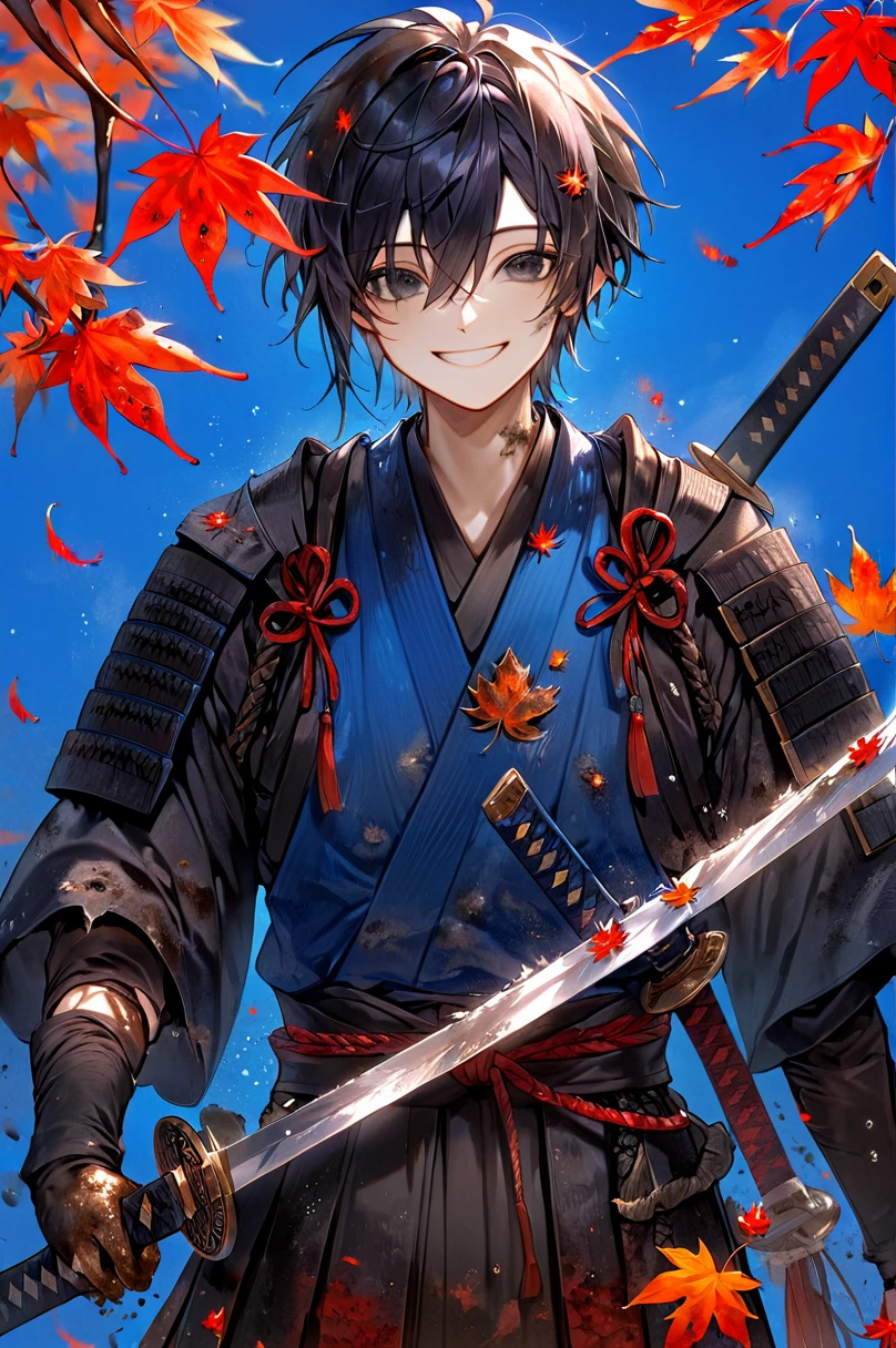 Ronin, Dirty, Boy, Two sword, black eyes, black samurai hair, ragged body, Deep blue Torn clothes, Smile, Maple leaf background.