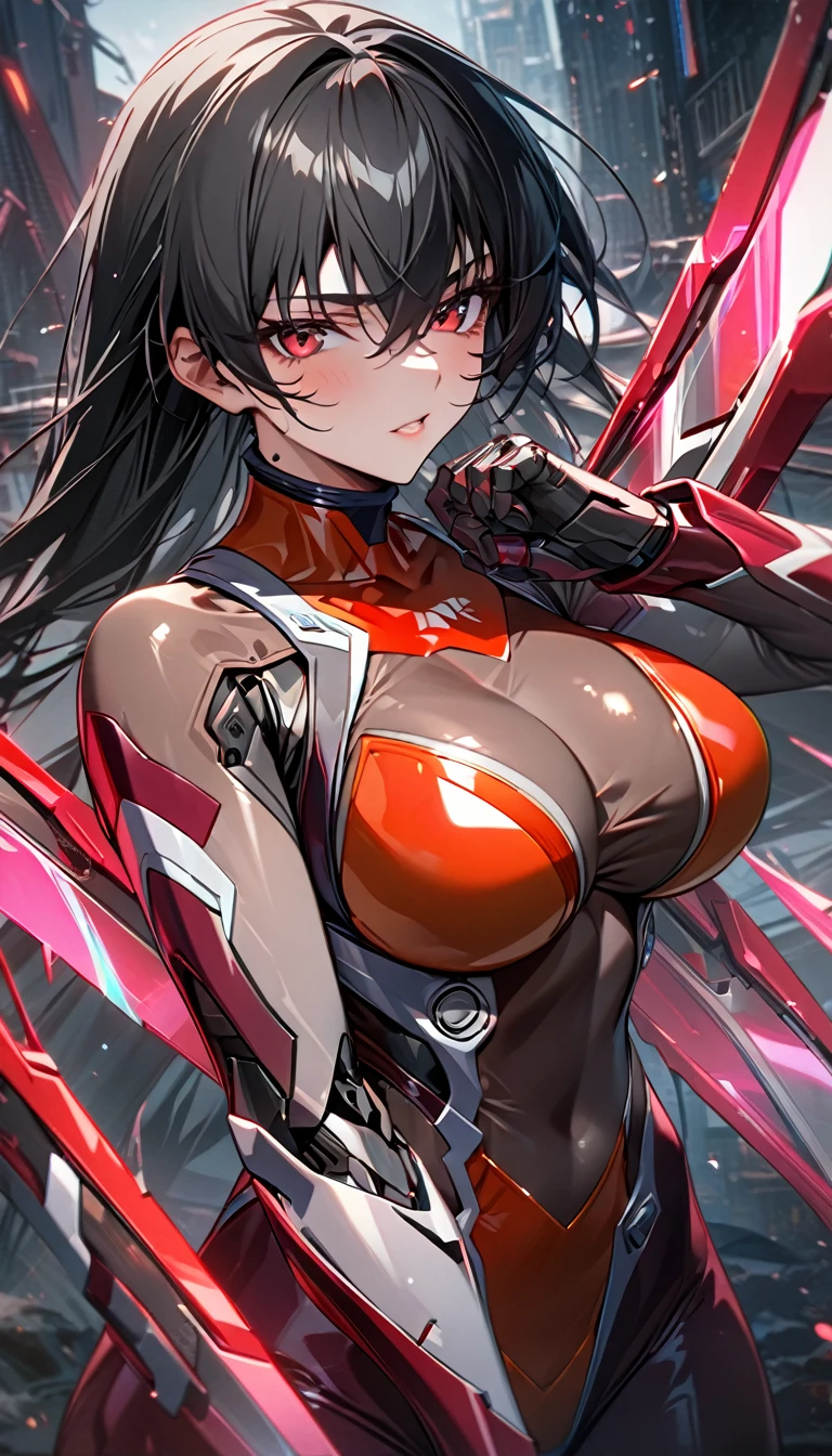 Adult girl, long black hair, red eyes, cyborg, very tight transparent batllesuit, cyber blades on hands, transparent elements, Masterpiece, best quality, Full HD, 8k, ultra details, great graphic, asagi igawa, taimanin suit, bodystocking,