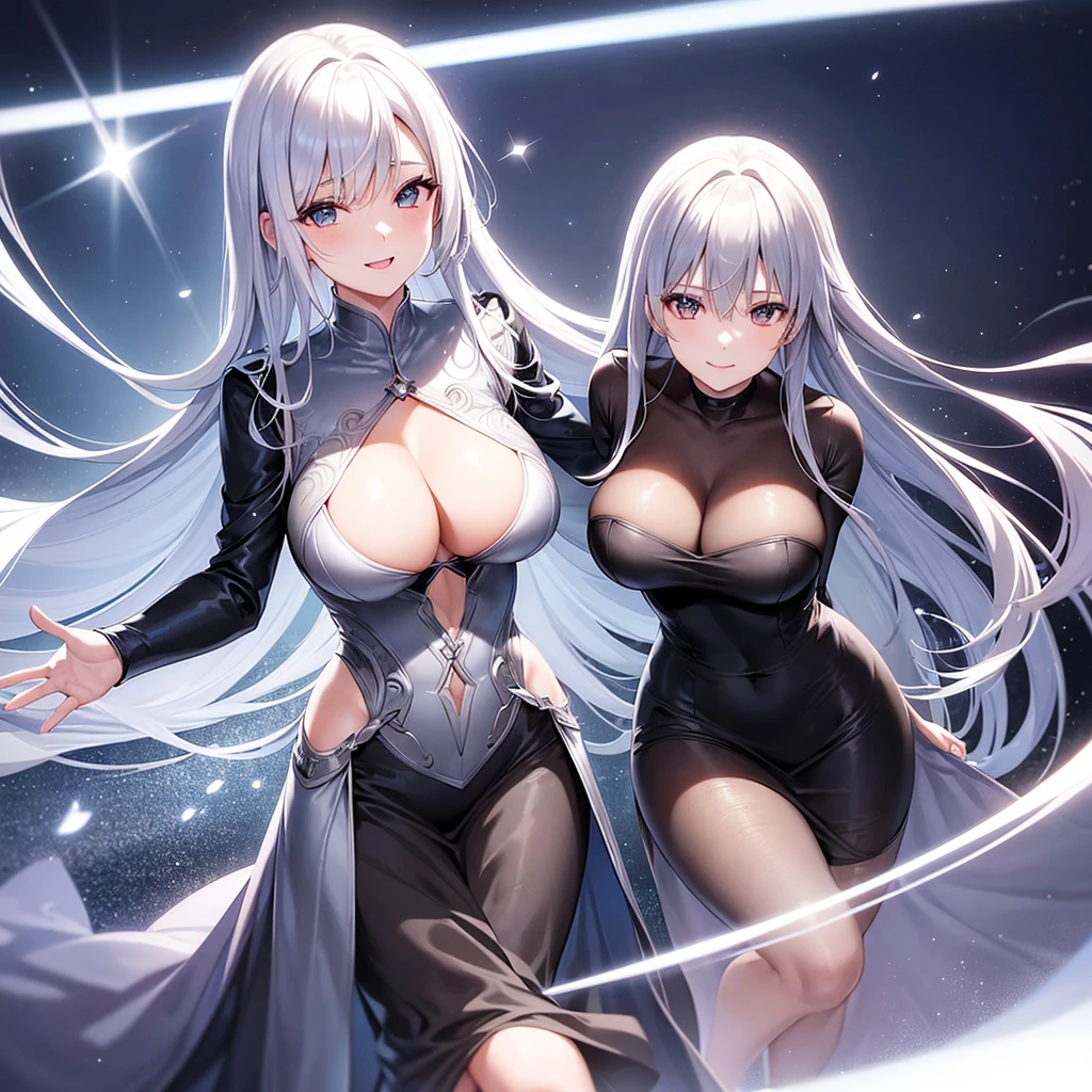 1Mature women、STAR、Asuna、Silver Hair、makeup、Big Breasts。
Smiling expression。Bending pose。
Dress Costume、Black Suit、Glossy clothing。Glossy Skin。Moonlight。High angle。
bloom effect。super high quality。Ultra-high resolution。