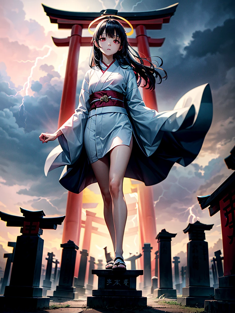 Highest Resolution,Highest quality,A beautiful girl with no expression in a white kimono,No legs,Floating in the air,Very beautiful red eyes,Black Hair,Halo,thunderstorm,Bad weather,Cemetery,A road lined with gravestones,Red Torii Gate,Company,Bamboo grove,lightning,Lightning strikes,whole body,up,front,