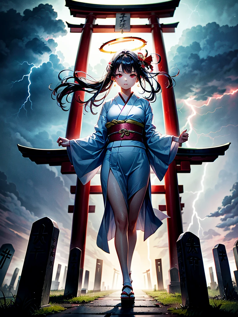 Highest Resolution,Highest quality,A beautiful girl with no expression in a white kimono,No legs,Floating in the air,Very beautiful red eyes,Black Hair,Halo,thunderstorm,Bad weather,Cemetery,A road lined with gravestones,Red Torii Gate,Company,Bamboo grove,lightning,Lightning strikes,whole body,up,front,
