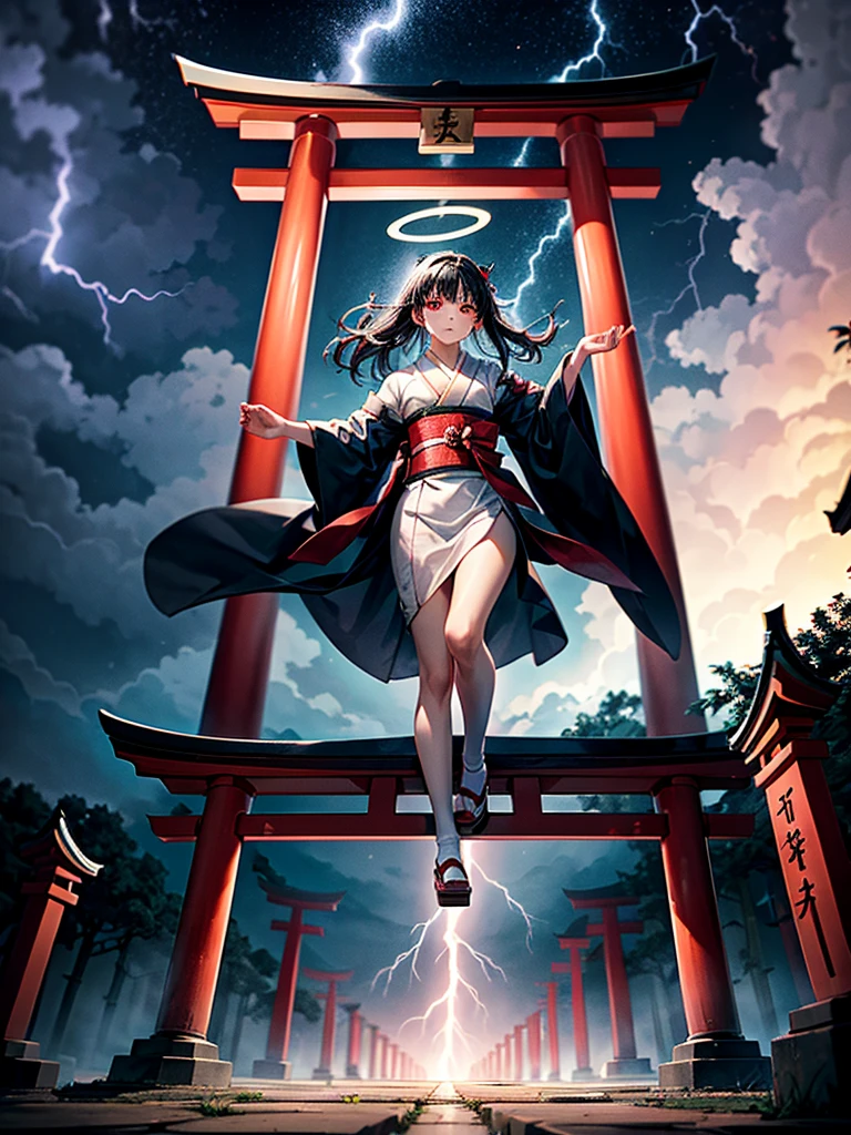Highest Resolution,Highest quality,A beautiful girl with no expression in a white kimono,No legs,Floating in the air,Very beautiful red eyes,Black Hair,Halo,thunderstorm,Bad weather,Cemetery,A road lined with gravestones,Red Torii Gate,Company,Bamboo grove,lightning,Lightning strikes,whole body,up,front,