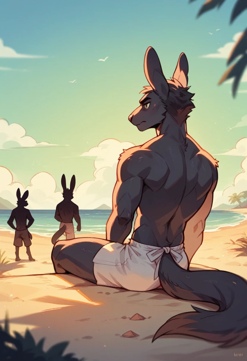Create the silhouette of two anthropomorphic animals, a not so strong man rabbit and a man wolf, back sitting on the beach sand watching the sunset