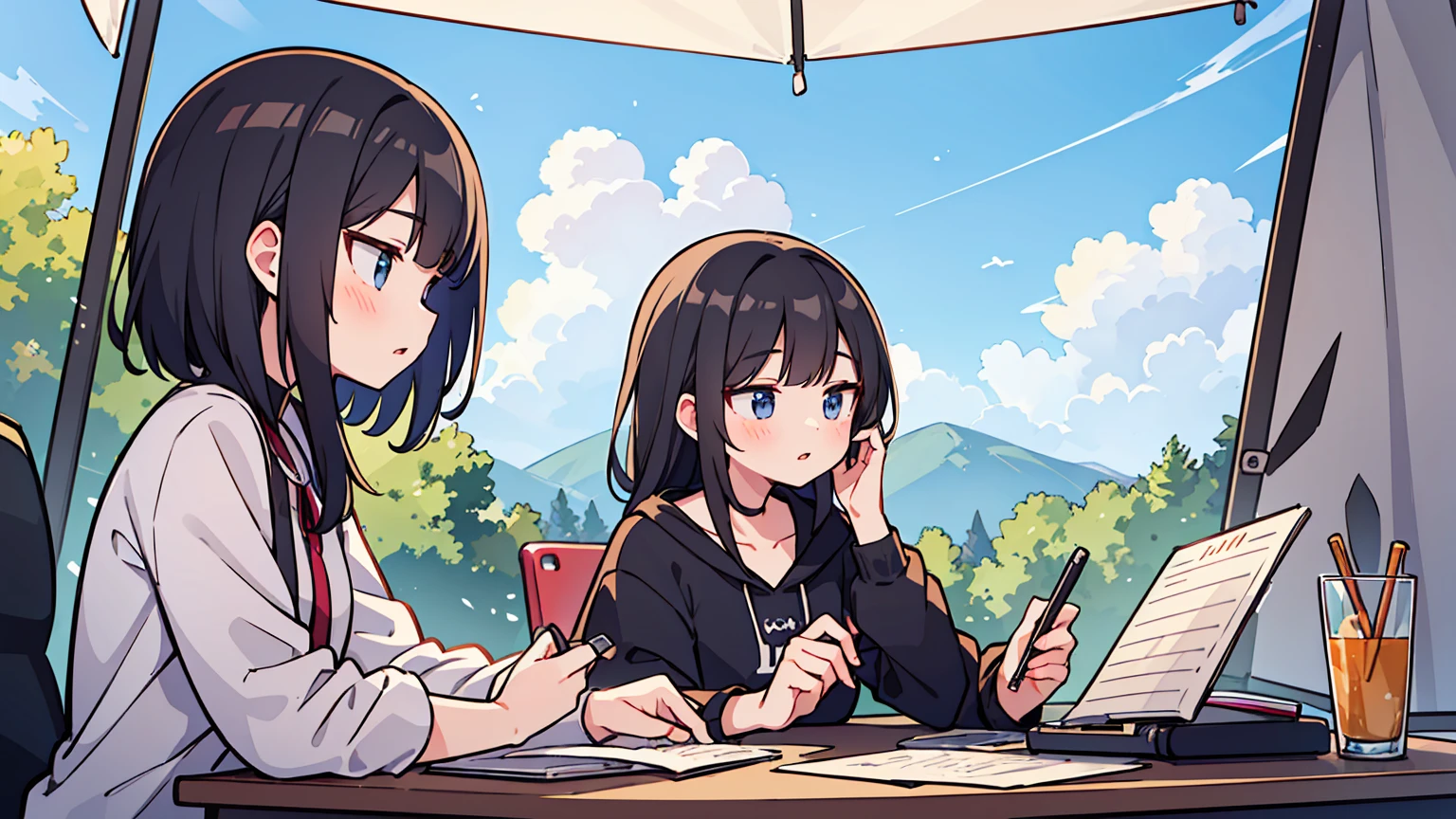 (masterpiece, best quality),2 18 year old women, black long hair,golden bob, different faces, Camping,outdoors, stylish outfit, chapped lips, cloud, sunlight, casual attire, whole body, from the side, Camping장에서, study at desk,My eyes are on the note, stylish outfit,