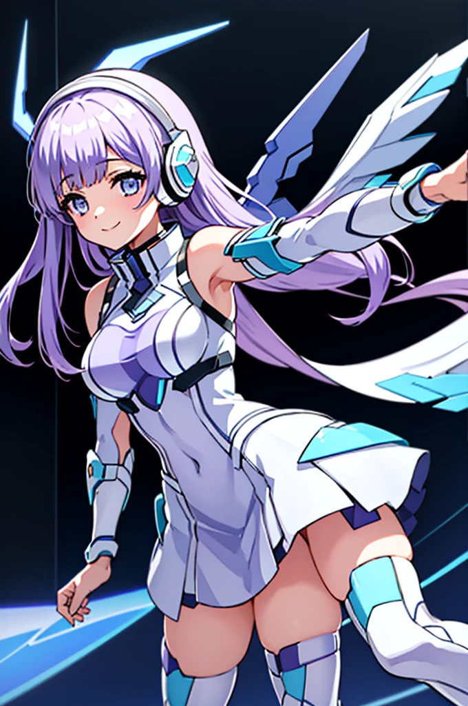 Mecha Wings、White and blue skirt、Accentuated thighs、White tights、chest、Beautiful light purple hair、1 girl、solo girl、Thick thighs、is、Frame Arms Girl、Alice Gere Aegis、White Armor、Blue and purple lines、income、headphone、hand on own chest、smile