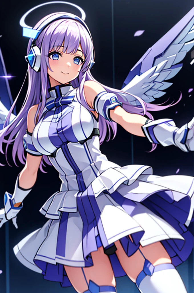 Mecha Wings、White and blue skirt、Accentuated thighs、White tights、chest、Beautiful light purple hair、1 girl、solo girl、Thick thighs、is、Frame Arms Girl、Alice Gere Aegis、White Armor、Blue and purple lines、income、headphone、hand on own chest、smile