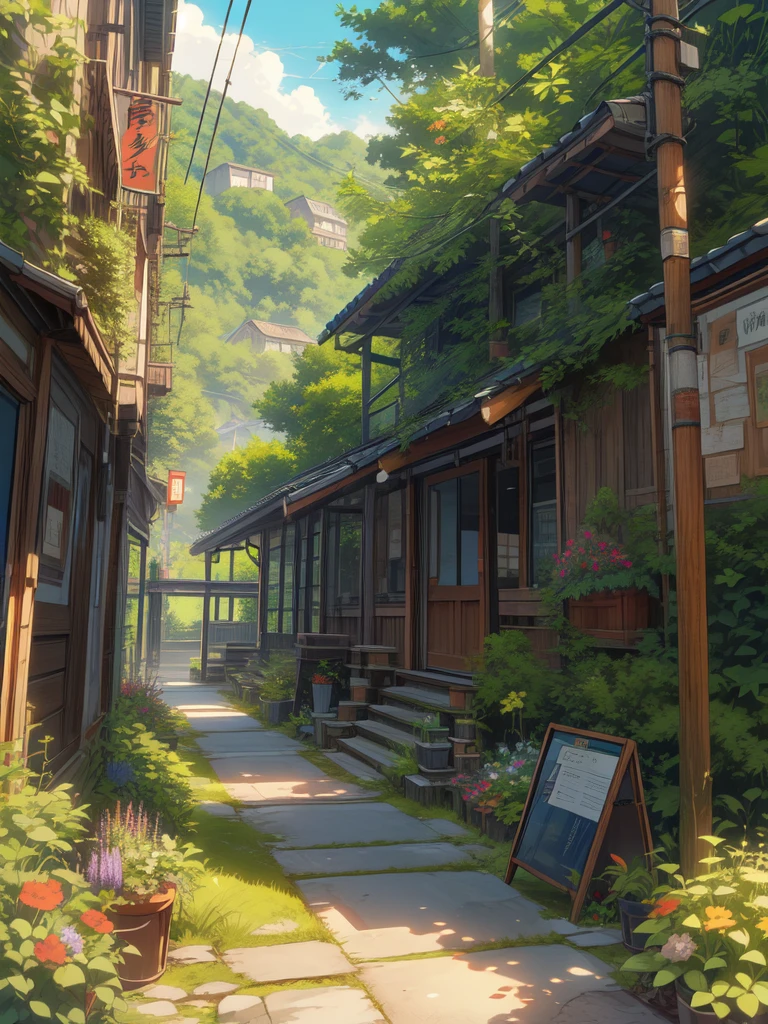 super wide perspective, string lights, hanging pots, ghibli anime scene, coffee shop in the woods, moody weather, under a big banyan tree, street light, poles and wires, tropical leafy plant pots, menu board, sign board, long grass with wild flowers, in the middle of nowhere, vibrant color tones, ghibli style, no humans, scenery, masterpiece, high resolution