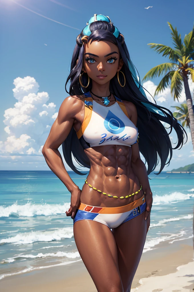 (masterpiece, best quality:1.2), cowboy shot, solo, 1girl, nessa, dark skin, dark-skinned female, slight smile, looking at viewer, hand on hip, single hair bun, swimsuit, bikini, jewelry, necklace, earrings, belly chain, armlet, midriff, beach, (abs:1.5)