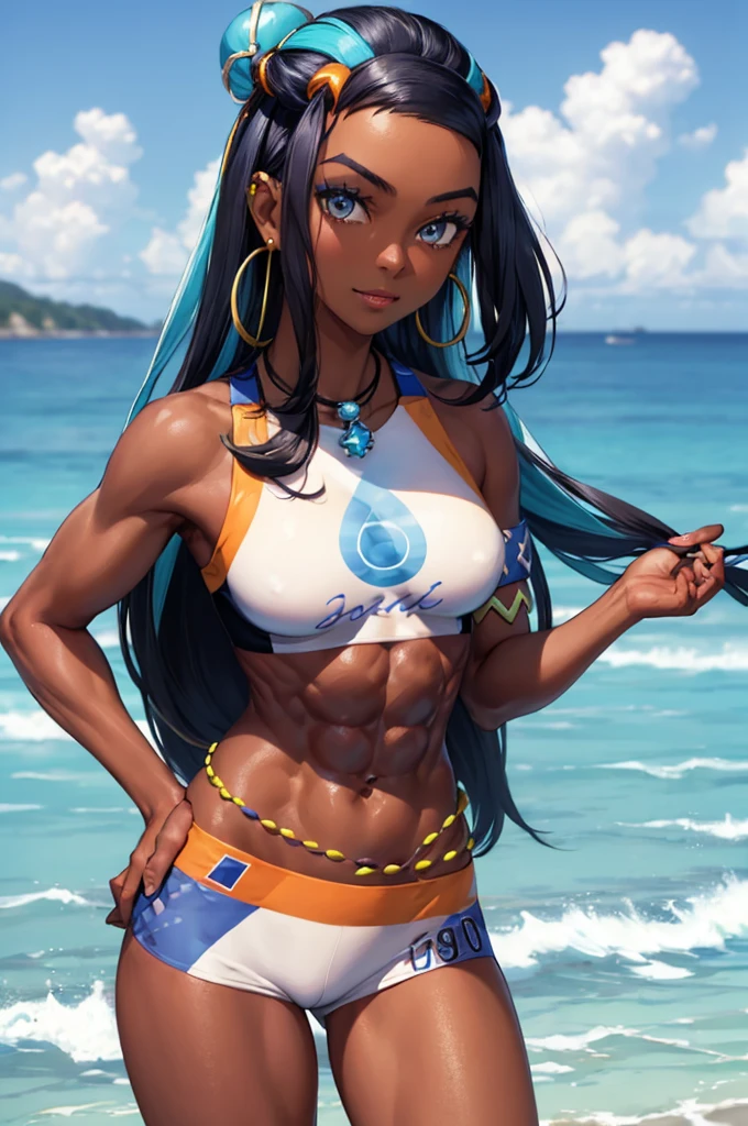 (masterpiece, best quality:1.2), cowboy shot, solo, 1girl, nessa, dark skin, dark-skinned female, slight smile, looking at viewer, hand on hip, single hair bun, swimsuit, bikini, jewelry, necklace, earrings, belly chain, armlet, midriff, beach, (abs:1.5)