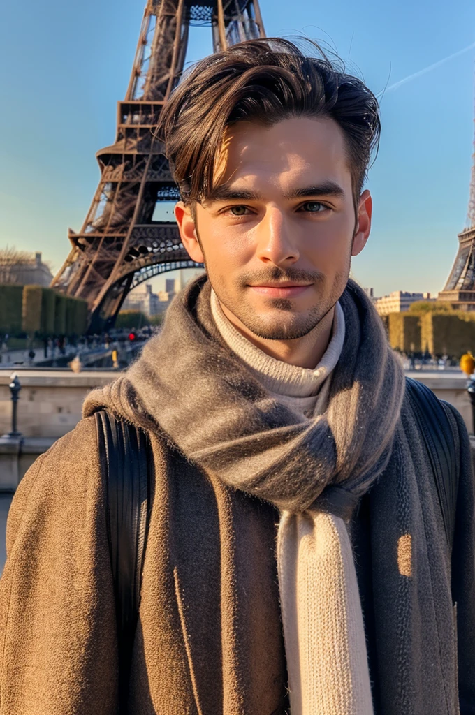 Photorealsitic, 8K full body portrait, a handsome, a 25-year-old man, A charming expression, detailed face details, Paris cty, Winters, Eiffel Tower in the background