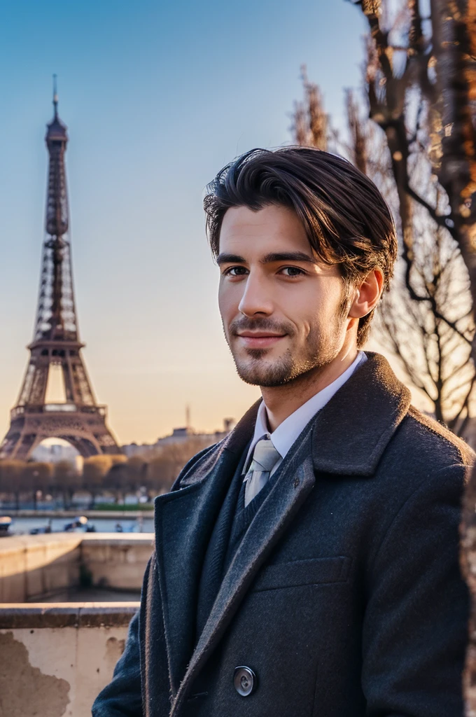 Photorealsitic, 8K full body portrait, a handsome, a 25-year-old man, A charming expression, detailed face details, Paris cty, Winters, Eiffel Tower in the background
