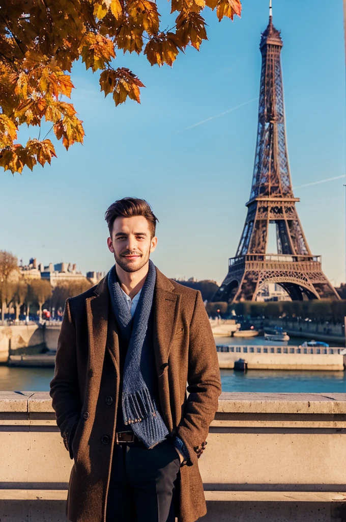 Photorealsitic, 8K full body portrait, a handsome, a 25-year-old man, A charming expression, detailed face details, Paris cty, Winters, Eiffel Tower in the background