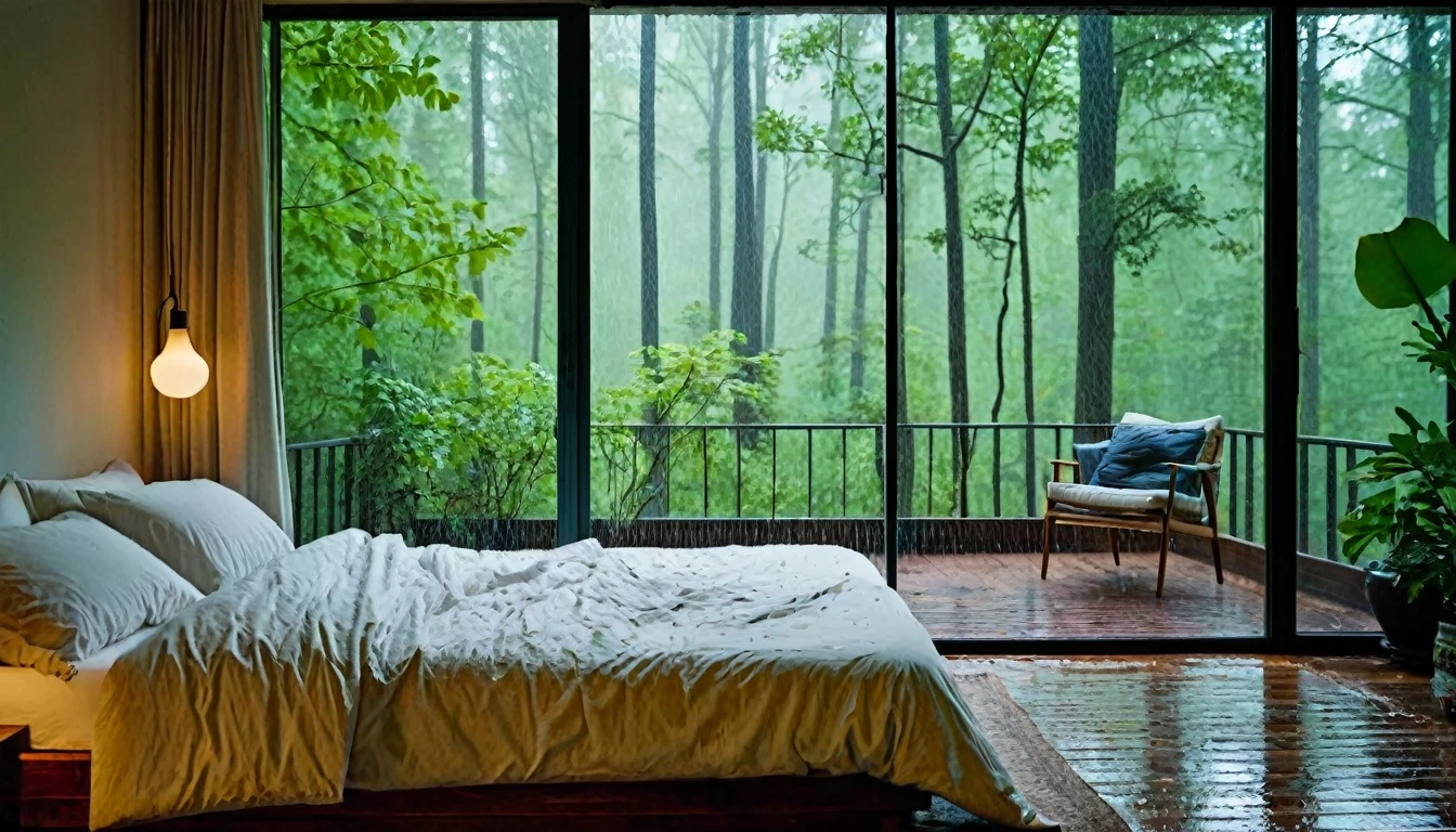 The image shows a cozy bedroom with a large window offering a view of a forest being drenched by rain. The bed is unmade with rumpled bedding, indicating recent use. Beside the bed, there is a small table with a classic lamp that is lit, casting warm light into the room. Outside the window, lush green plants can be seen in what appears to be a patio or balcony area, with rain visibly falling, creating a tranquil and peaceful atmosphere. The contrast between the indoor warmth and the outdoor rain creates an inviting and calming ambiance