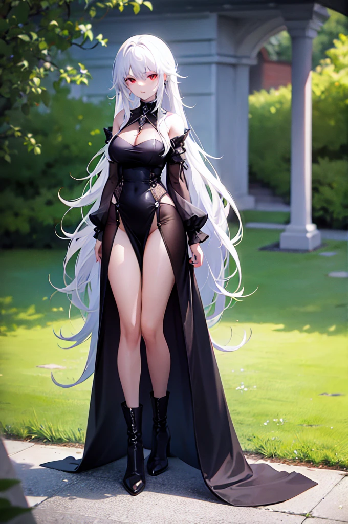 Girl, 20 years old, with long white hair down to below her waist, a serious yet tender expression, and red eyes. Her hair features black streaks. She wears antique-style clothing, a long black dress with a slit on the legs, and high black boots that almost reach her knees. Her power and background are related to shadows and darkness.