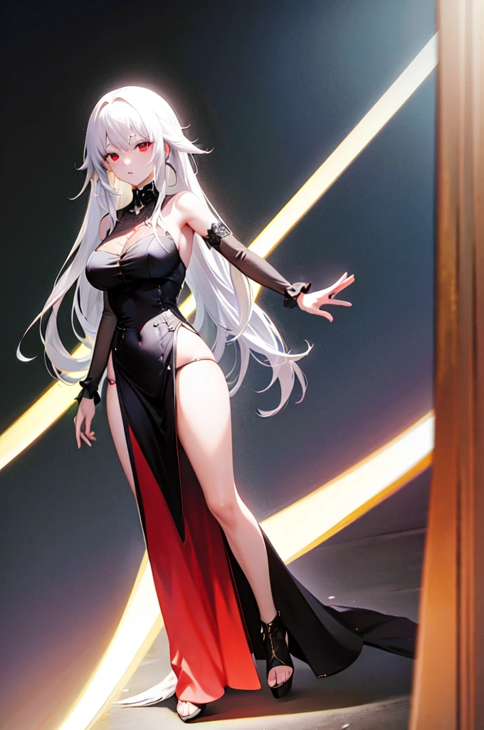 Girl, 20 years old, with long white hair down to below her waist, a serious yet tender expression, and red eyes. Her hair features black streaks. She wears antique-style clothing, a long black dress with a slit on the legs, and high black boots that almost reach her knees. Her power and background are related to shadows and darkness.