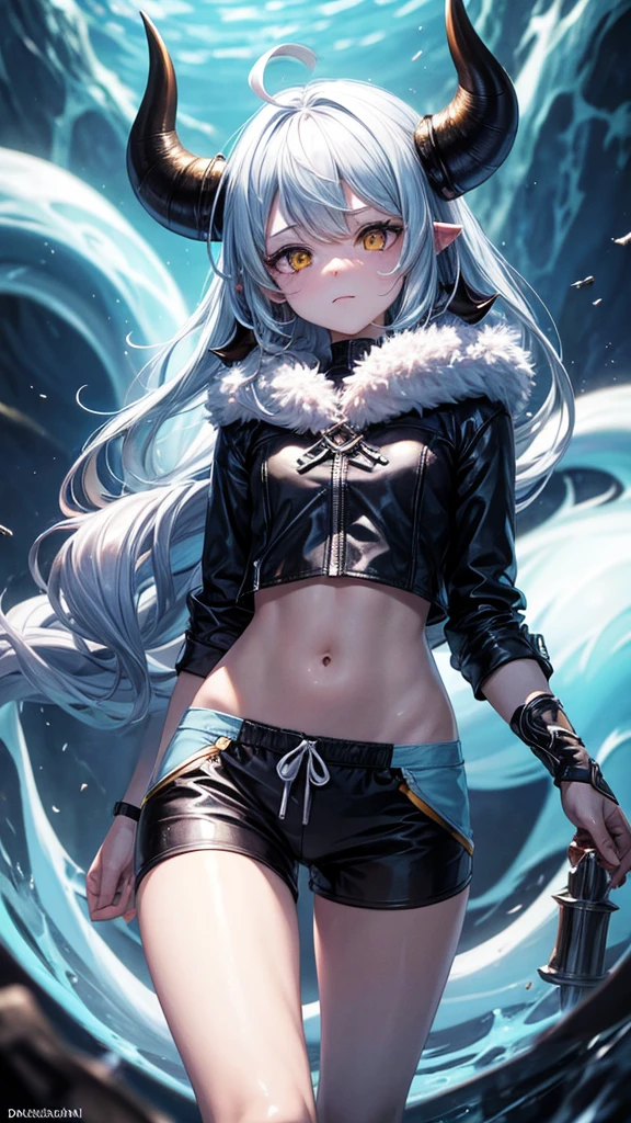 (by dagasi: 1.1), BREAK, Masterpiece, high resolution, 8k, detailed background, high quality, BREAK, BREAK, ((light blue fur, For the blanco, black sclera, ghost horn, 2 horns, yellow eyes, spongy, detailed skin)) For the, BREAK, male, humanoid, Bermuda, Trident, swim shorts