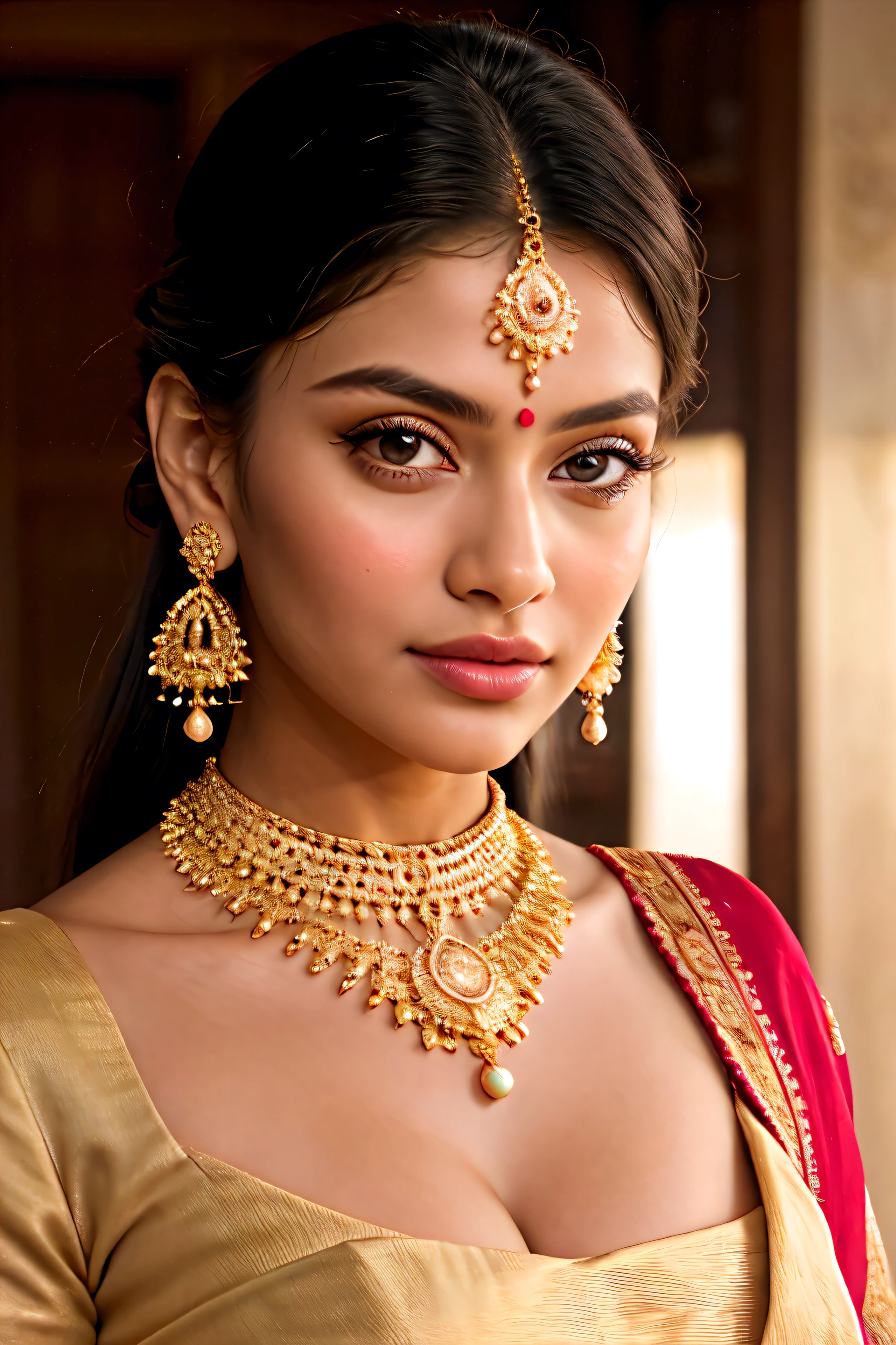 ((best quality)), ((masterpiece)), (detailed), perfect face
a close up of a woman wearing a white sari and gold jewelry, wearing gold jewellery, traditional beauty, traditional female hairstyles, wearing elegant jewellery, heavy gold jewellery, traditional makeup, gold jewellery, photo of a beautiful woman, wearing jewellery, very attractive and beautiful, closeup portrait shot, very beautiful enga style, golden jewellery, a beautiful young woman, full body portrait, extremely detailed goddess shot, jaw-dropping beauty, big deep cleavage sexy navel