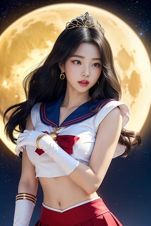 1 korean girl, sexy girl, strikingly beautiful, black hair, big breasts, delicate facial features, porcelain skin, red lips, eyes hook the soul seduces you, ((awe and joy expression)), 18 years old, (Sailor Moon supersailormoon mer1, Tiara, Sailor Senshi Uniform Sailor: 1.2, Sailor Moon: 1.2), (hairstyle of the 1980s),her hair styled in classic pin curls, long hair floating in the wind, Sailor Senshi uniform, (blue collar, blue sailor collar, blue pre-gate mini skirt: 1.3, red bow on the chest: 1.3, long white gloves: 1.3, red gloves on the elbows, red bow behind the waist: 1.1, golden tiara, earrings), luxurious golden jewelry, thin, thin and muscular, big breasts, perfect proportions, Thin waist, sexy model pose, visible pores, perfect hands: 1.5, strong natural light, sunlight, exquisite lighting and shadow, (space background, moonlight, moon, dynamic background, detailed background)