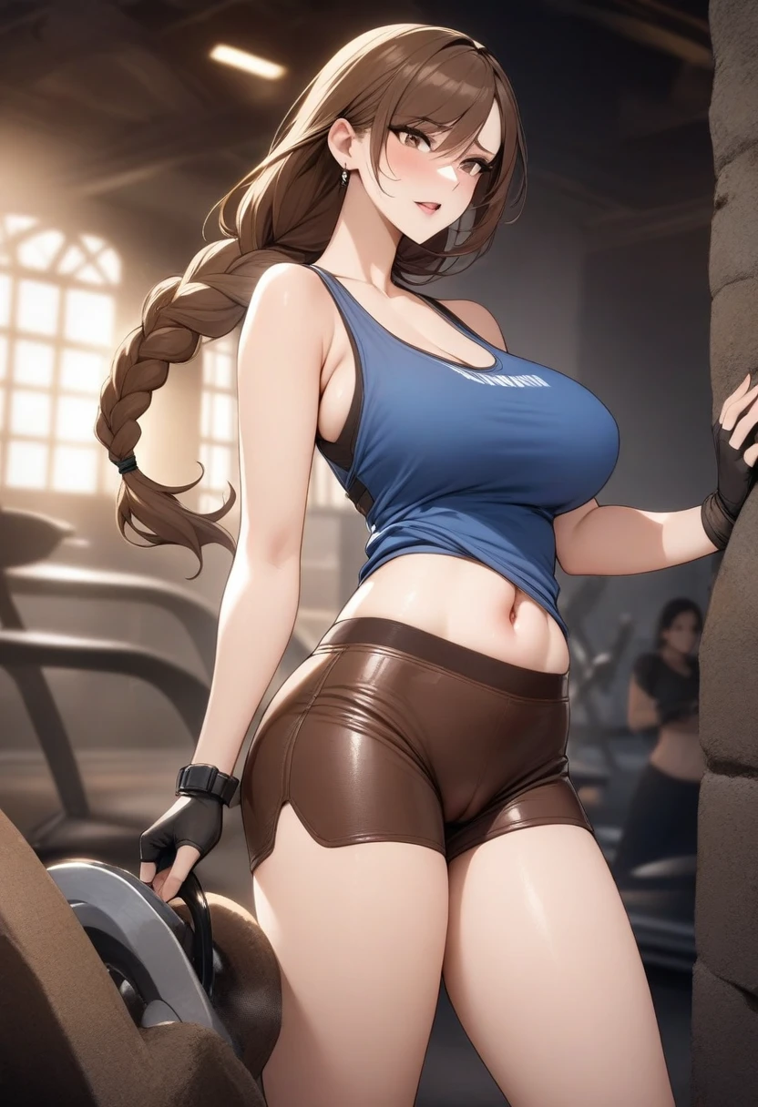 masterpiece, best quality, very aesthetic, absurdres, 1girl, mature_lady, ,,lara_croft(tomb_raider), 1girl, long_hair, braid,  brown_hair, brown_eyes, blue_tank_top, taut_clothes, brown_shorts, leather_shorts,  fingerless_glove,  black_gloves,,in gym,floating_hair,pussy_juice