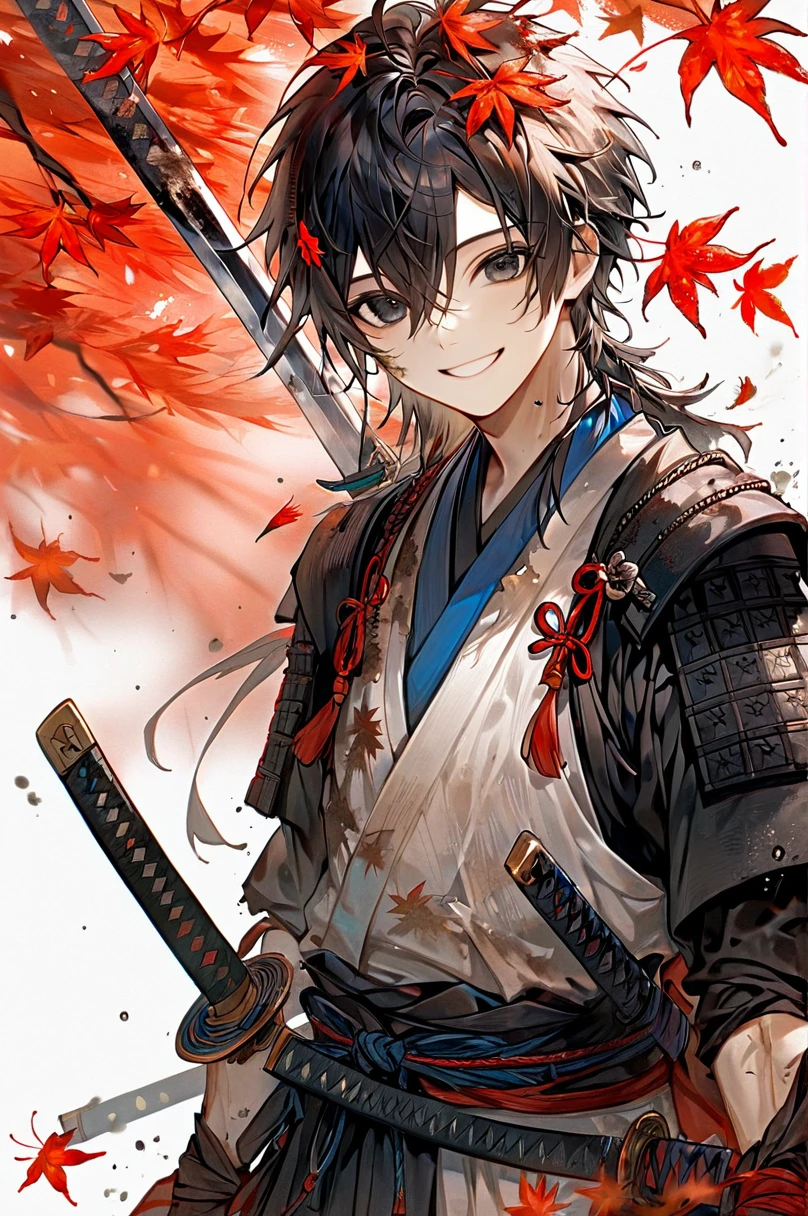Ronin, Dirty, Boy, Two sword, black eyes, black samurai long unkempt hair, ragged body, Deep blue - white Torn clothes, Smile, Maple leaf background