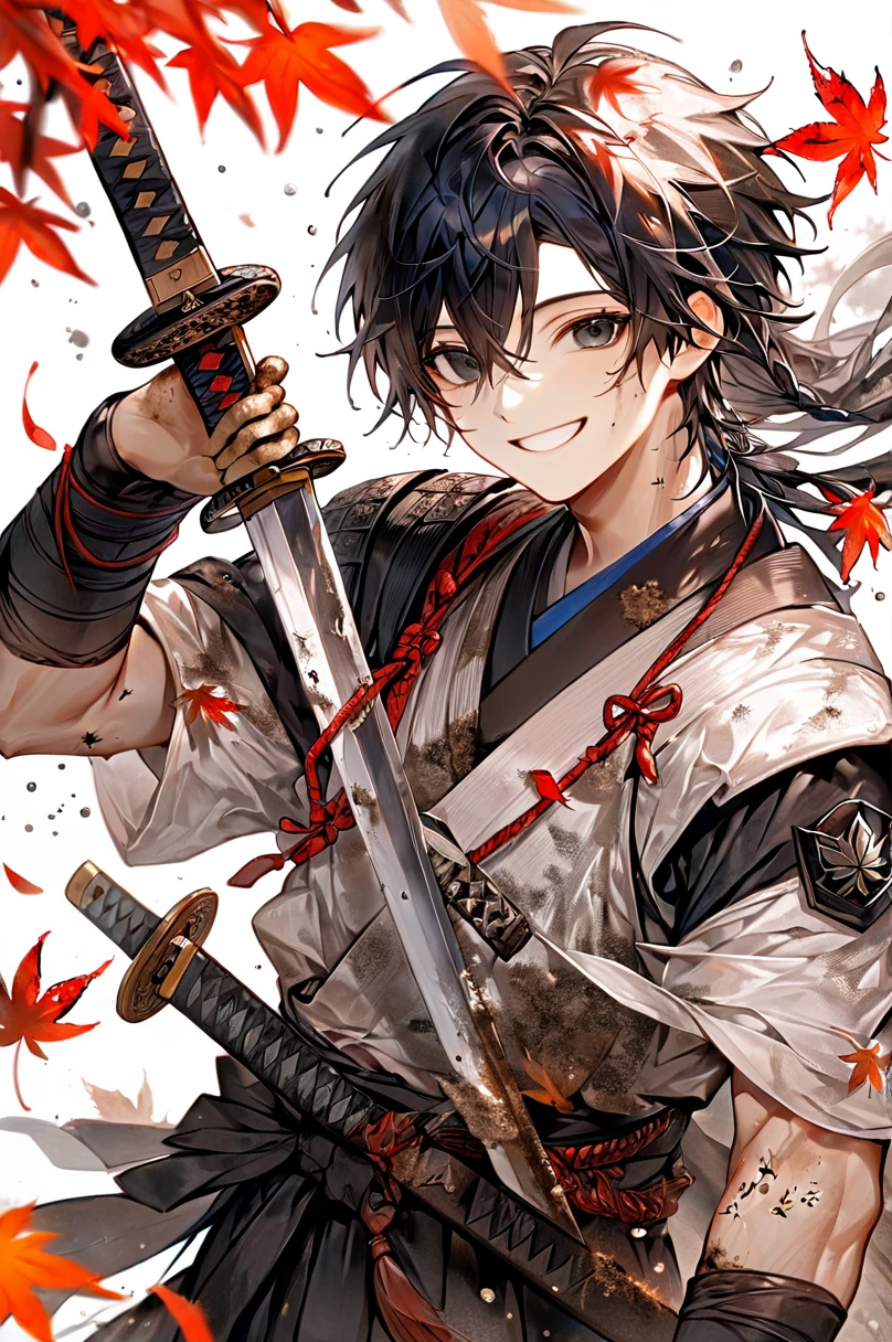 Ronin, Dirty, Boy, Two sword, black eyes, black samurai long unkempt hair, ragged body, Deep blue - white Torn clothes, Smile, Maple leaf background