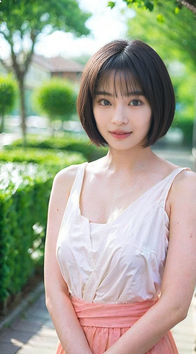 girl(naked, short hair, Wet, light in your eyes, smile, Big Breasts、Underideboob Perfect bone structure、Nipples are visible、Clothes sticking to the body、Your clothes are wet、Clothes are transparent black hair、Glowing Skin、Female Genitalia) Pause(Her arms are together, creating a cleavage.、The whole body is visible)、background(garden)