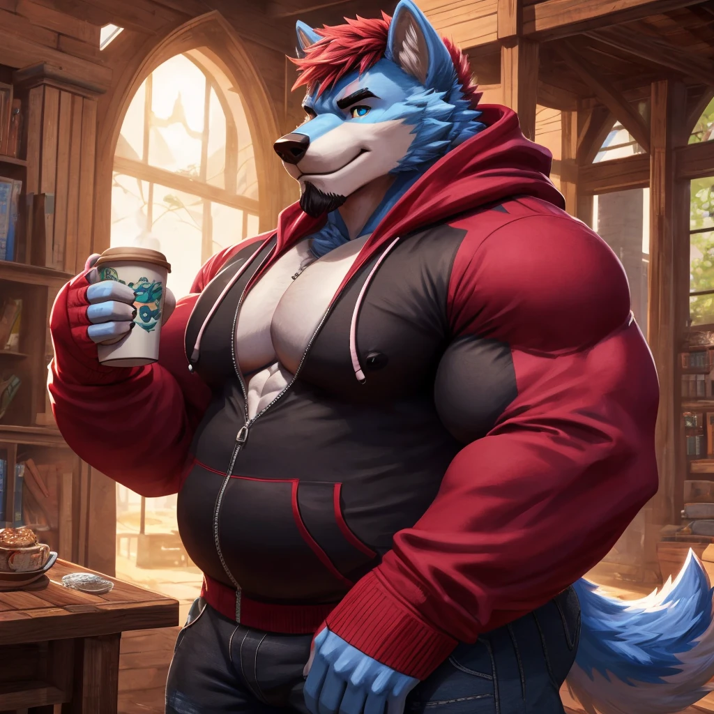 ((best quality)), ((masterpiece)), (Ultra detailed), ((4k)) , Full Body , Solo , Anthro Wolf , Light Blue Fur , Red Short Hair ,Red Beard , Handsone , Good Looking , Heterochromia , Middle Ages , Huge Pecs nipple , Bodybuilder Chubby Fat , Looking Side , Zip up , Red Plain Hoodie , Black Jean , Cup Of Coffee